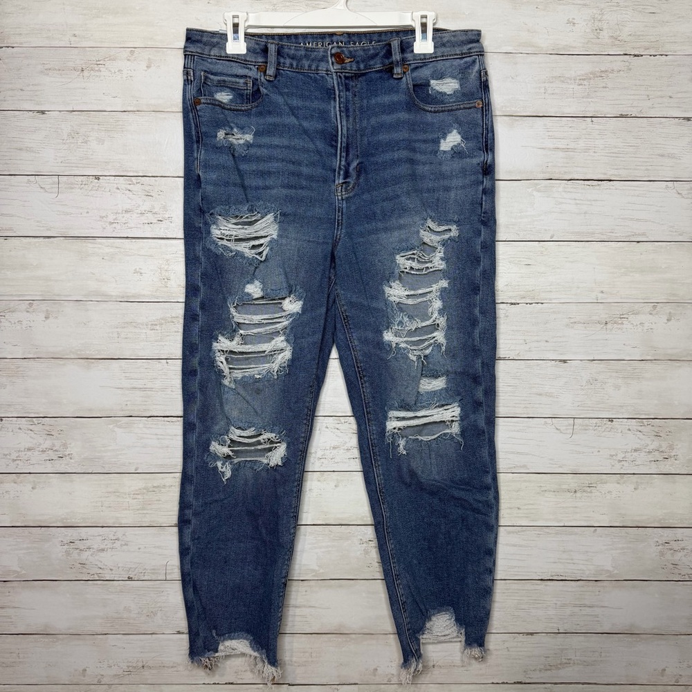 American Eagle AE Mom Straight Jean Distressed Ripped Straight Leg High Rise 14 - Picture 2 of 6
